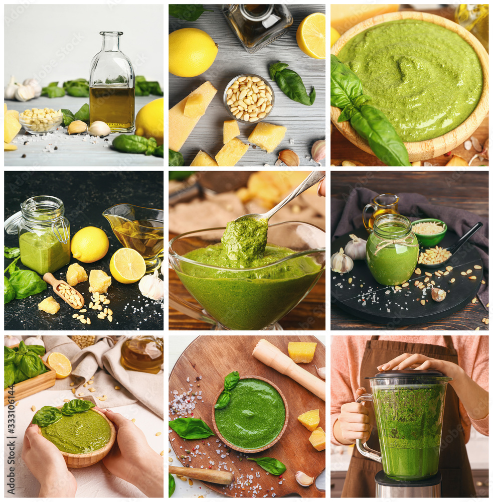 Collage of photos with pesto sauce and ingredients