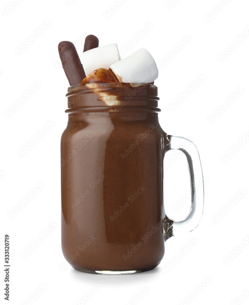 Mason jar of hot chocolate on white background