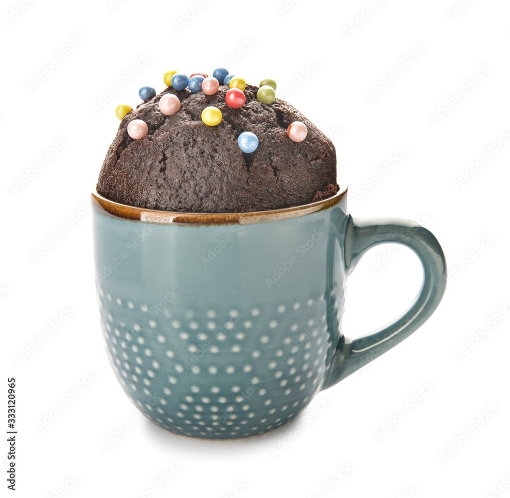 Chocolate mug cake on white background