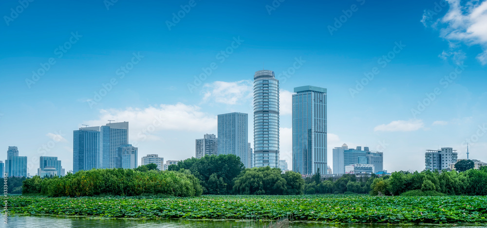 Xuanwu Lake in Nanjing and the skyline of architectural landscape..