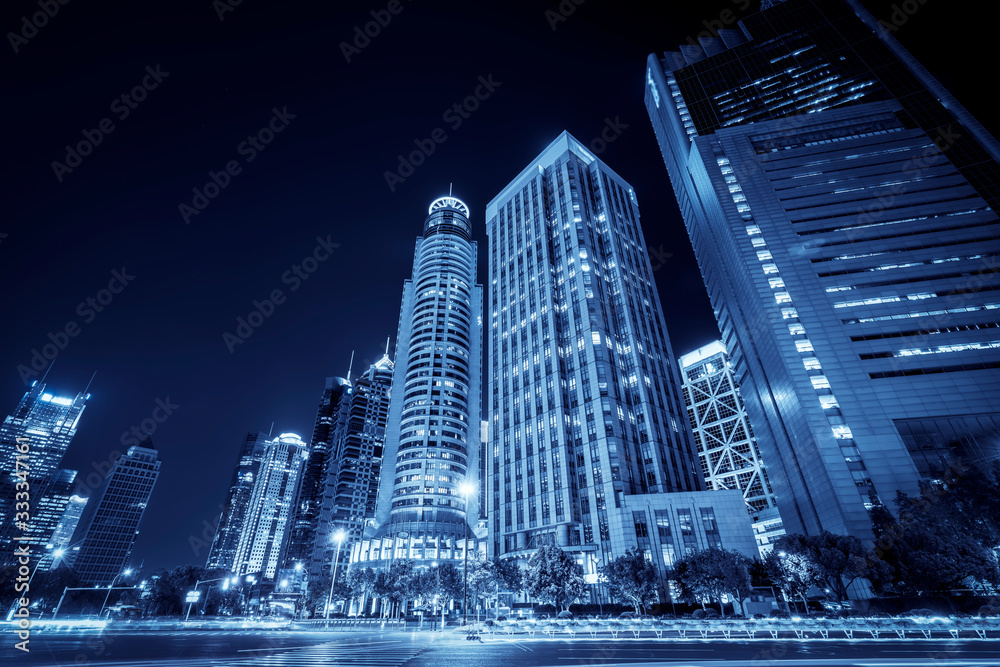 Night view of architectural street in Lujiazui Financial District, Shanghai..