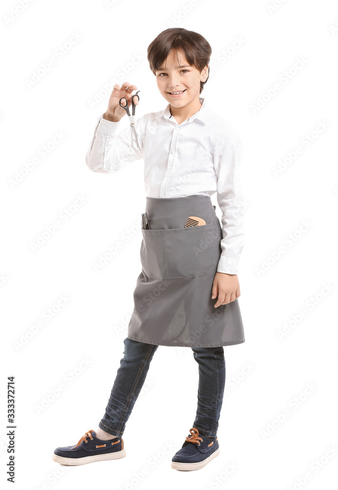 Cute little hairdresser on white background