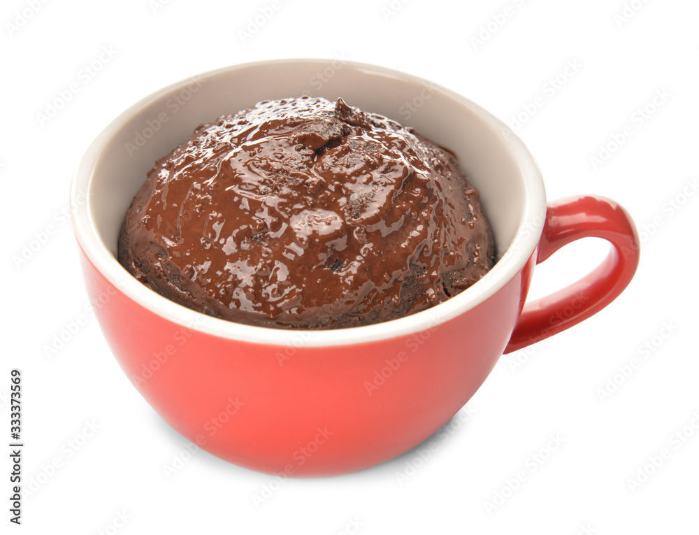 Chocolate mug cake on white background