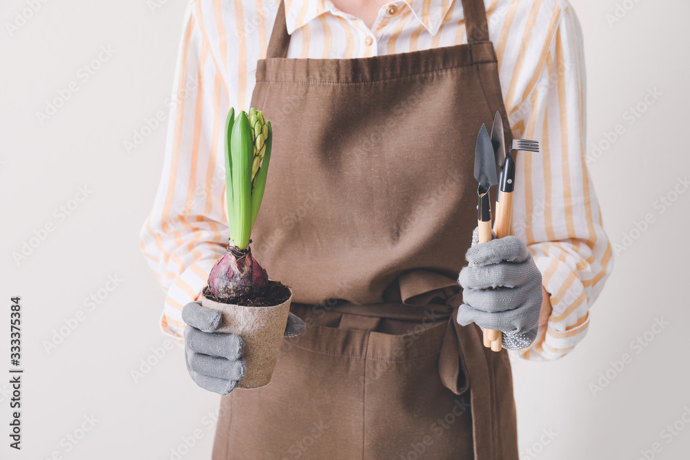 Woman with hyacinth plant and gardening tools on light background