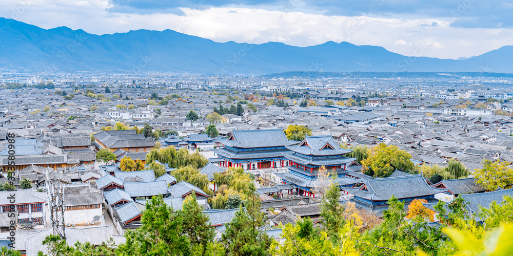 High angle view of Dayan Ancient City and Mufu in Lijiang, Yunnan, China