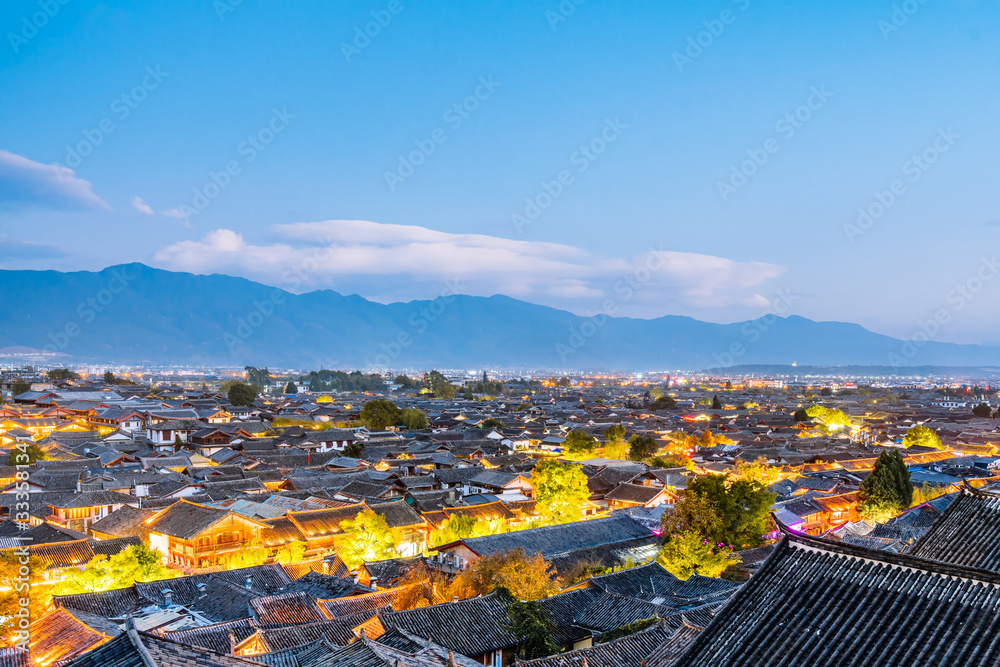 High angle night view of Dayan Ancient City, Lijiang, Yunnan, China