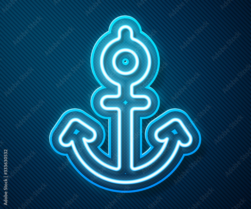 Glowing neon line Anchor icon isolated on blue background. Vector Illustration