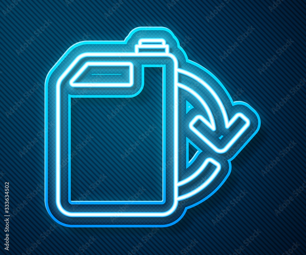 Glowing neon line Eco fuel canister icon isolated on blue background. Eco bio and barrel. Green envi