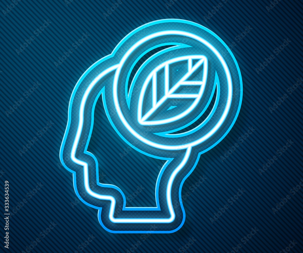 Glowing neon line Human head with leaf inside icon isolated on blue background. Vector Illustration