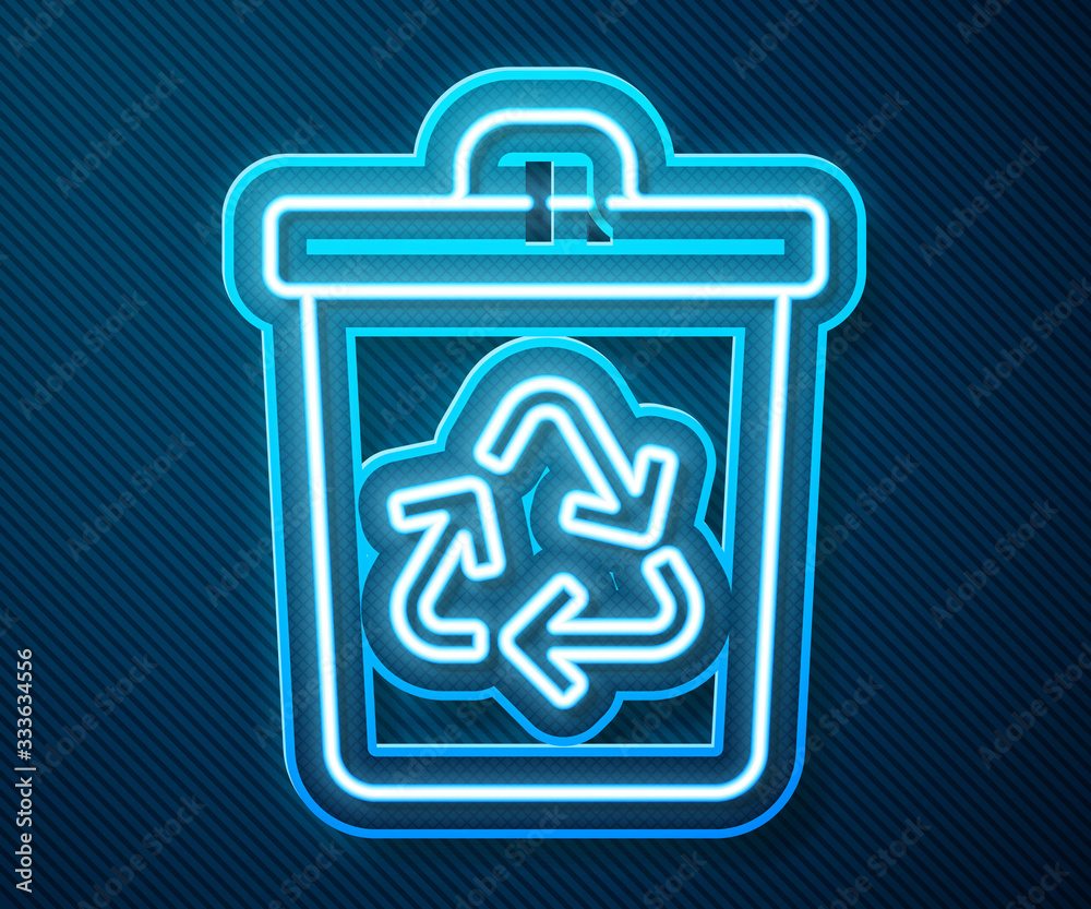 Glowing neon line Recycle bin with recycle symbol icon isolated on blue background. Trash can icon. 