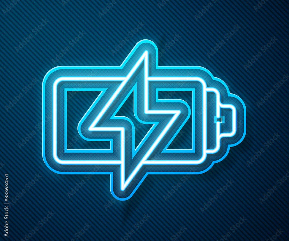 Glowing neon line Battery icon isolated on blue background. Lightning bolt symbol. Vector Illustrati