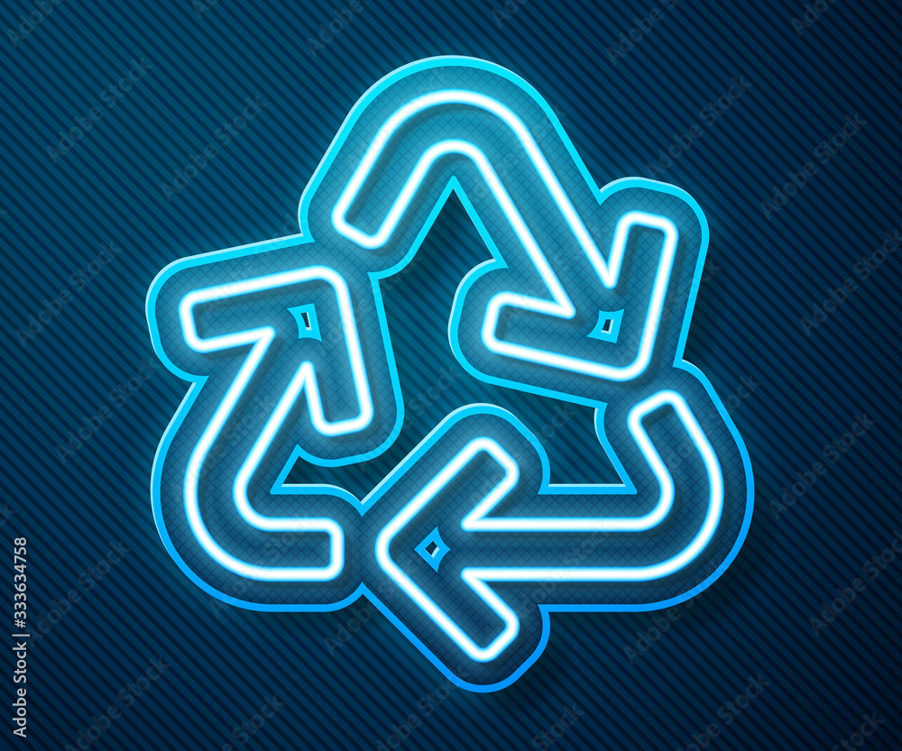 Glowing neon line Recycle symbol icon isolated on blue background. Circular arrow icon. Environment 