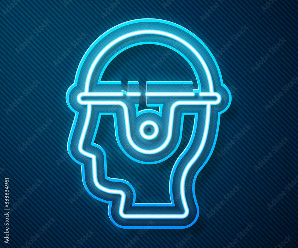 Glowing neon line Worker safety helmet icon isolated on blue background. Vector Illustration