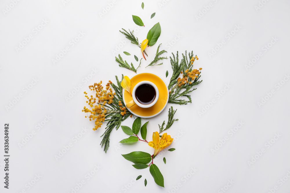 Beautiful composition with cup of coffee on white background