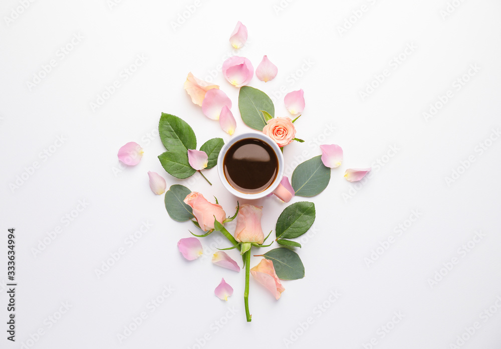 Beautiful composition with cup of coffee on white background