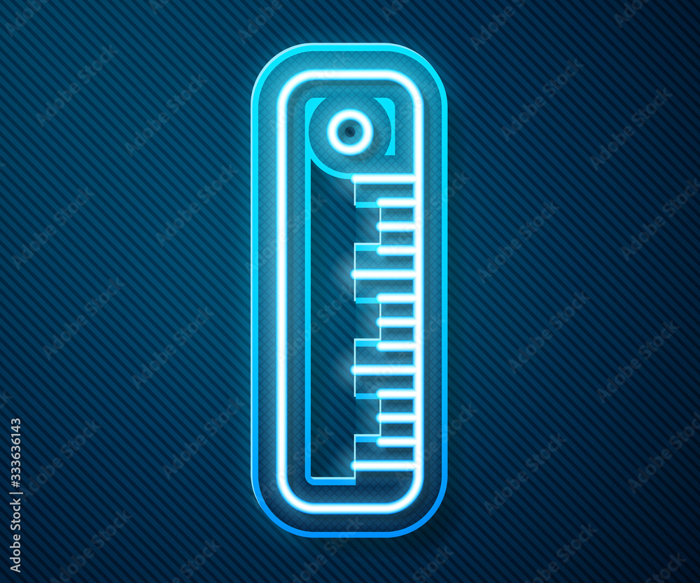 蓝色背景上隔离的发光霓虹线标尺图标。斜视符号。矢量插图