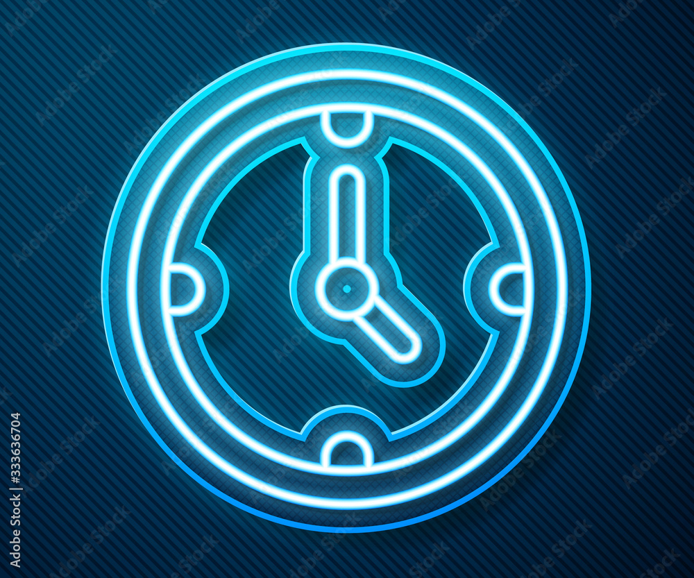 Glowing neon line Clock icon isolated on blue background. Time symbol. Vector Illustration