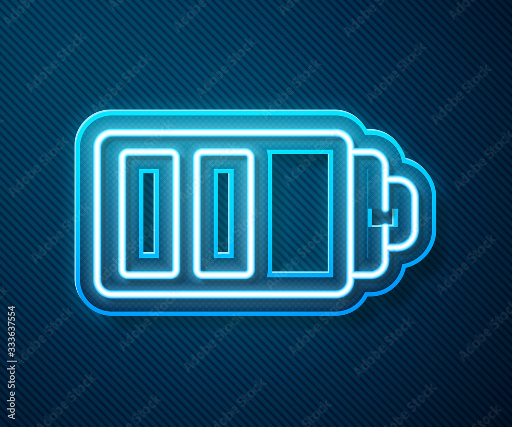 Glowing neon line Battery charge level indicator icon isolated on blue background. Vector Illustrati