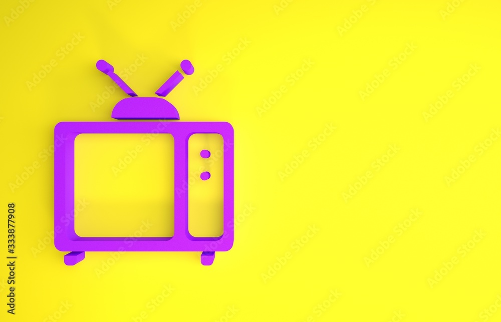 Purple Retro tv icon isolated on yellow background. Television sign. Minimalism concept. 3d illustra