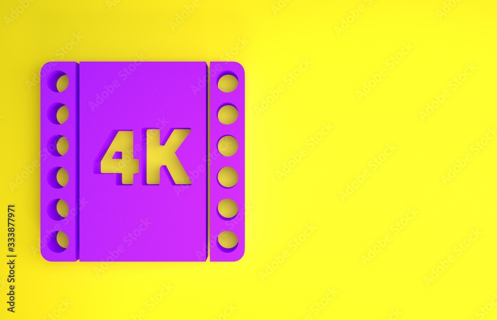 Purple 4k movie, tape, frame icon isolated on yellow background. Minimalism concept. 3d illustration