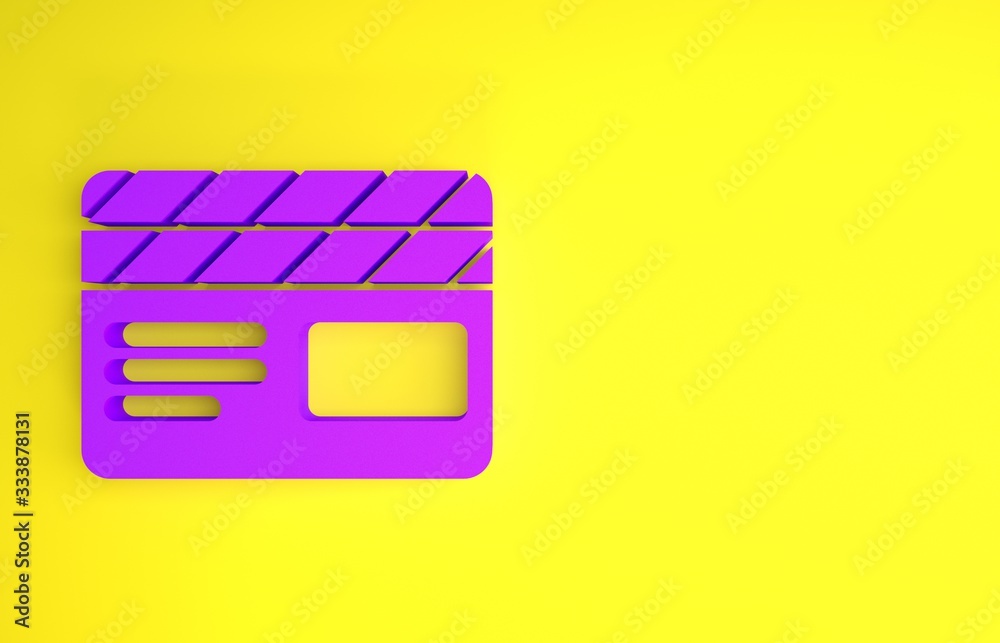 Purple Movie clapper icon isolated on yellow background. Film clapper board. Clapperboard sign. Cine