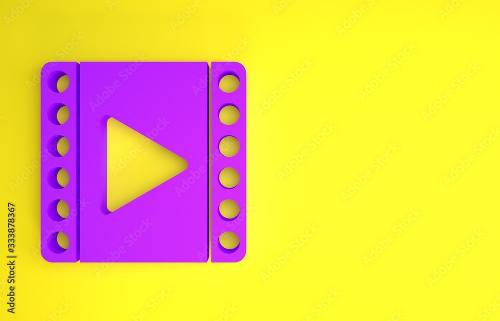 Purple Play Video icon isolated on yellow background. Film strip sign. Minimalism concept. 3d illust