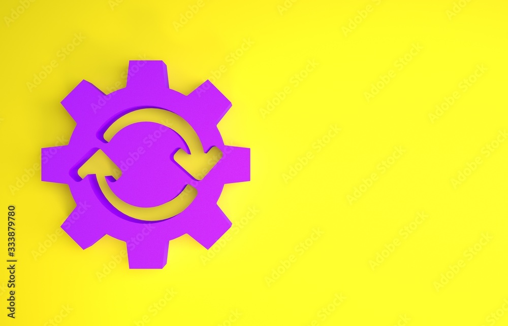 Purple Gear and arrows as workflow concept icon isolated on yellow background. Gear reload sign. Min