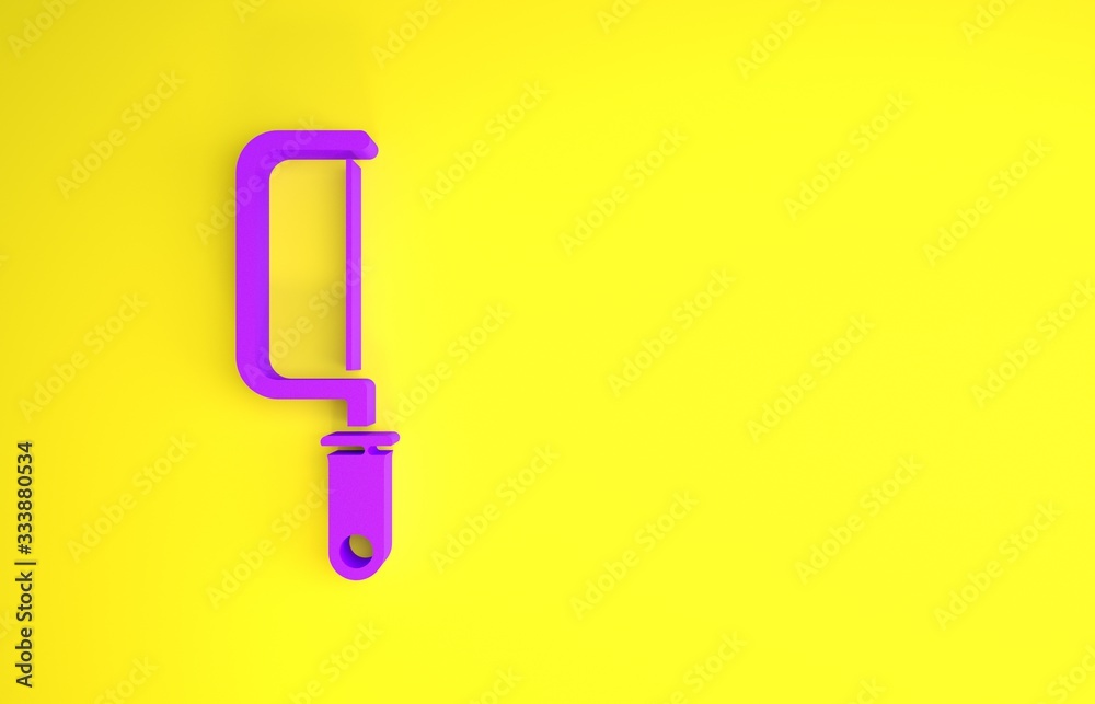 Purple Hacksaw icon isolated on yellow background. Metal saw for wood and metal. Minimalism concept.