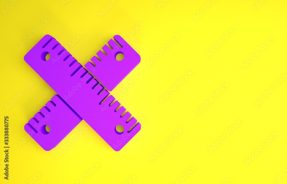 Purple Crossed ruler icon isolated on yellow background. Straightedge symbol. Minimalism concept. 3d