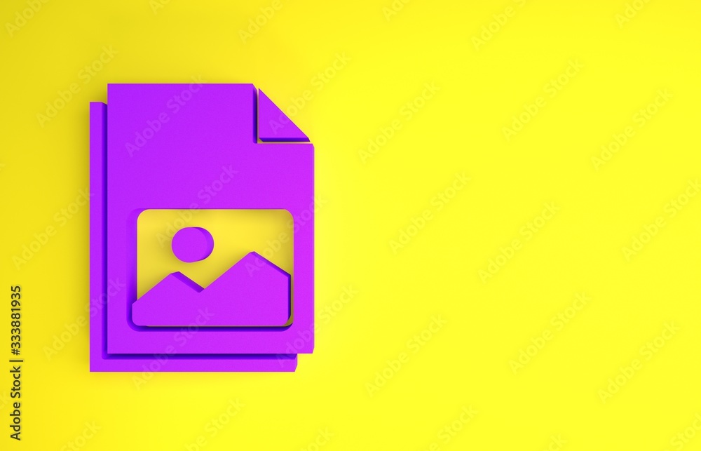 Purple Picture landscape icon isolated on yellow background. Minimalism concept. 3d illustration 3D 