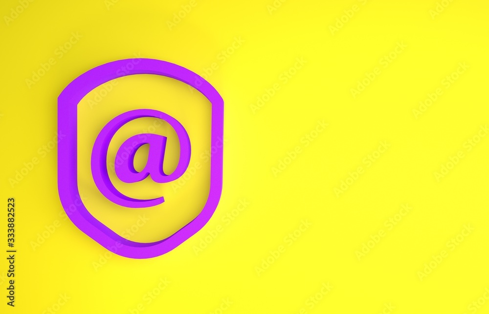 Purple Shield with mail and e-mail icon isolated on yellow background. Guard sign. Security, safety,