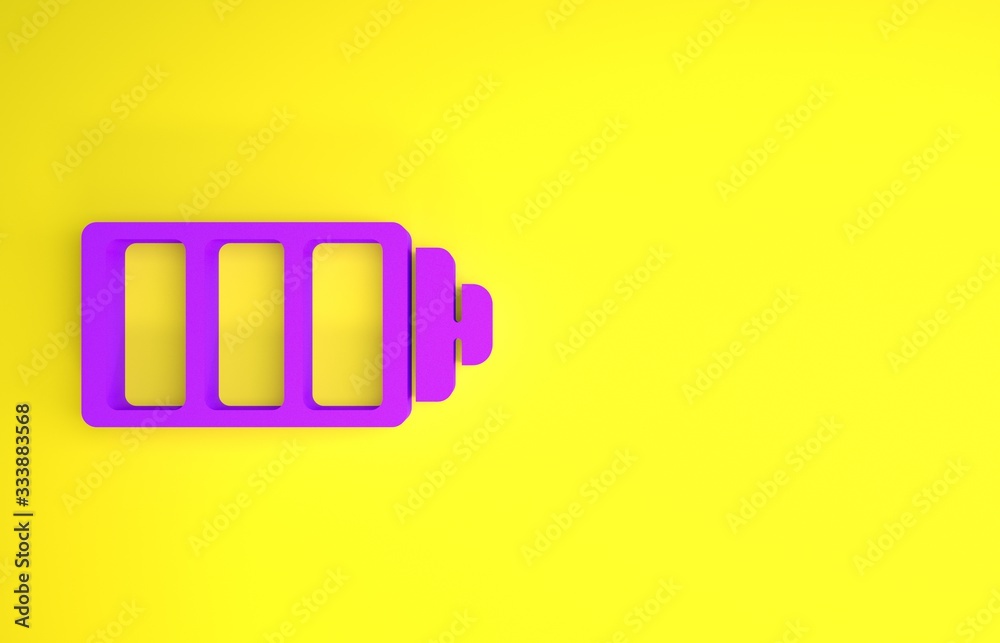 Purple Battery charge level indicator icon isolated on yellow background. Minimalism concept. 3d ill