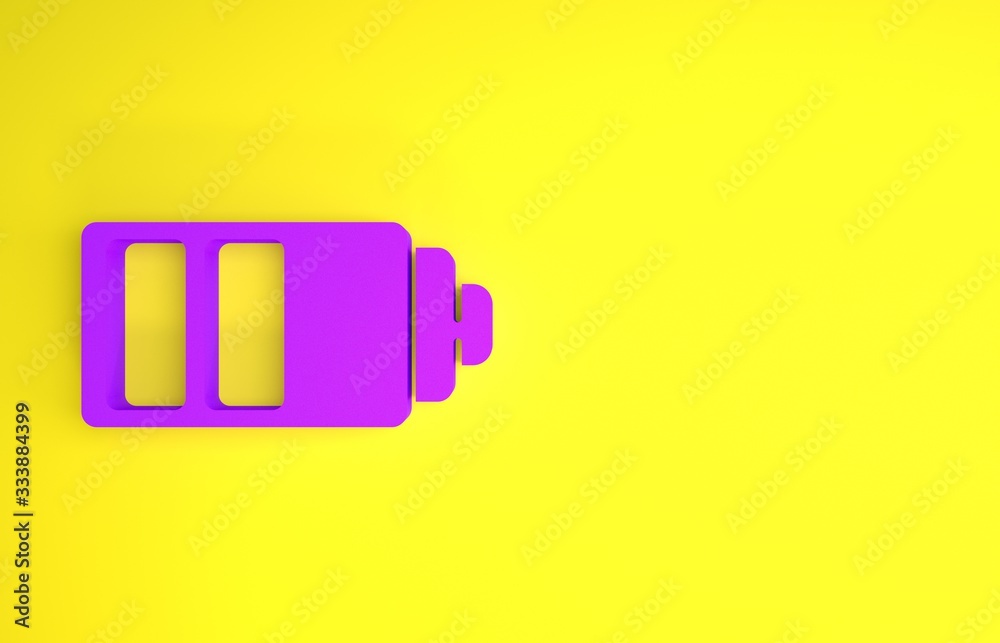 Purple Battery charge level indicator icon isolated on yellow background. Minimalism concept. 3d ill