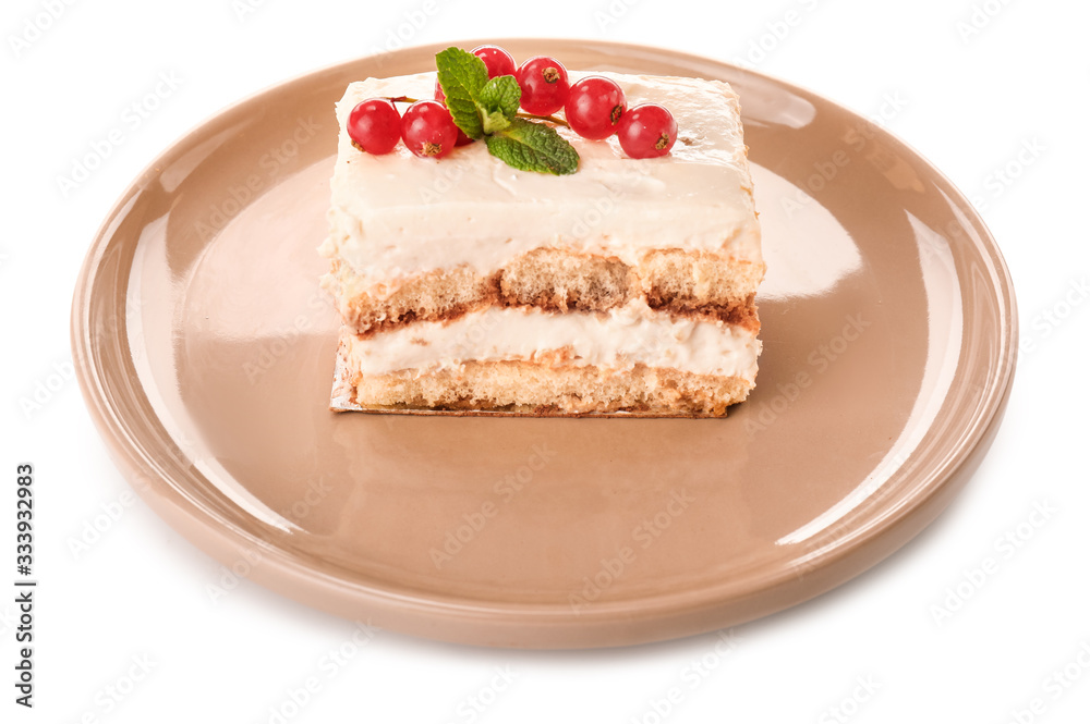 Plate with tasty tiramisu on white background