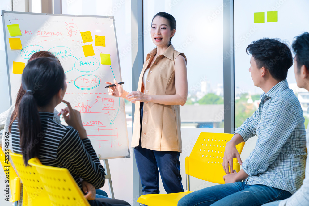 smart asian business female leader in a casual meeting with her teamwork colleagues at the modern de