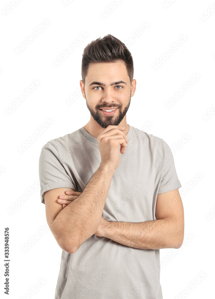 Handsome man with healthy hair on white background