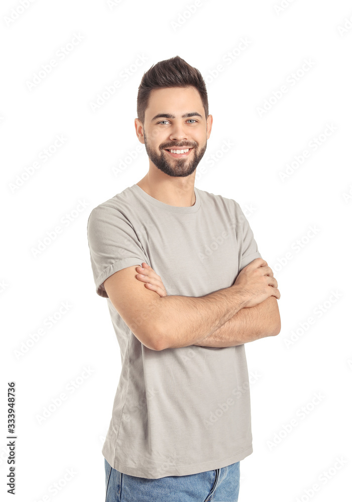 Handsome man with healthy hair on white background