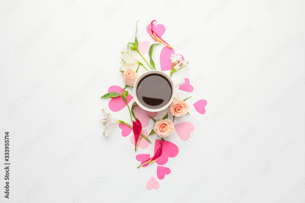 Beautiful composition with cup of coffee on white background