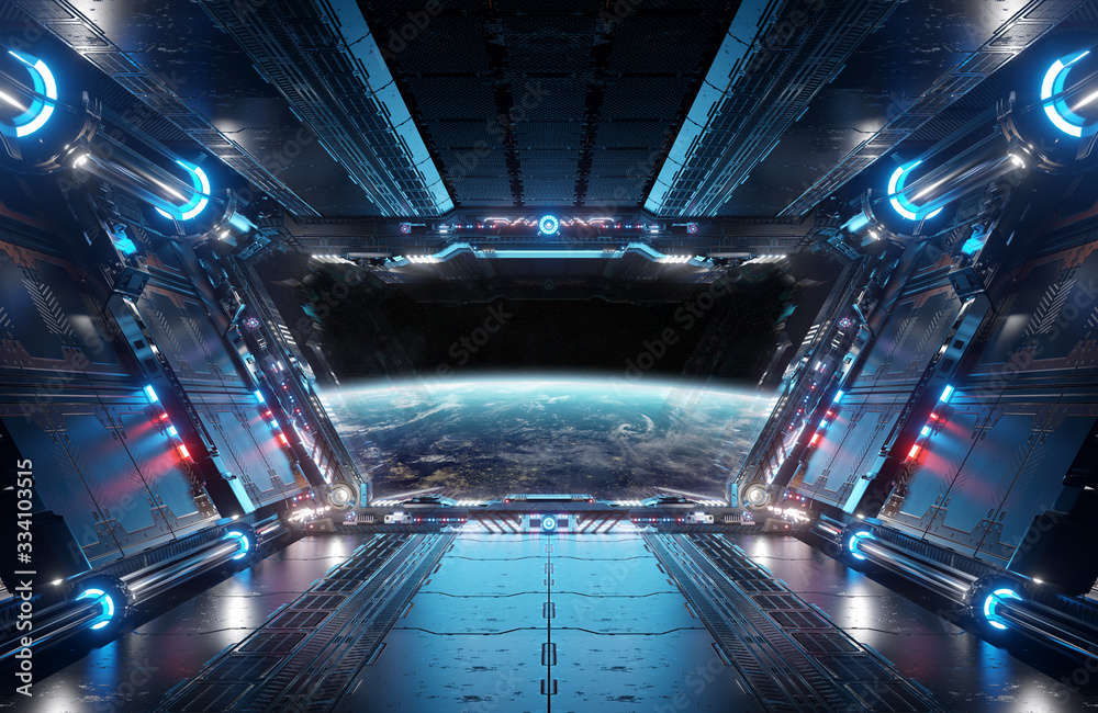 Blue and red futuristic spaceship interior with window view on planet Earth 3d rendering