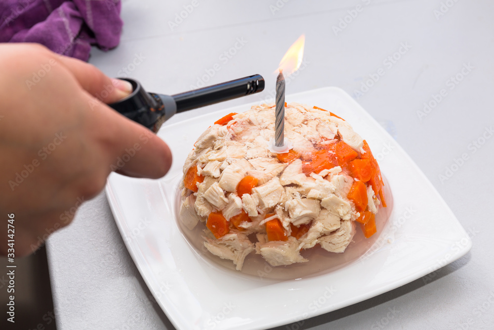 带蜡烛的狗狗生日肉冻蛋糕