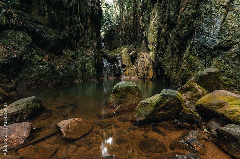 Small calm river in the jungle forest with waterfall