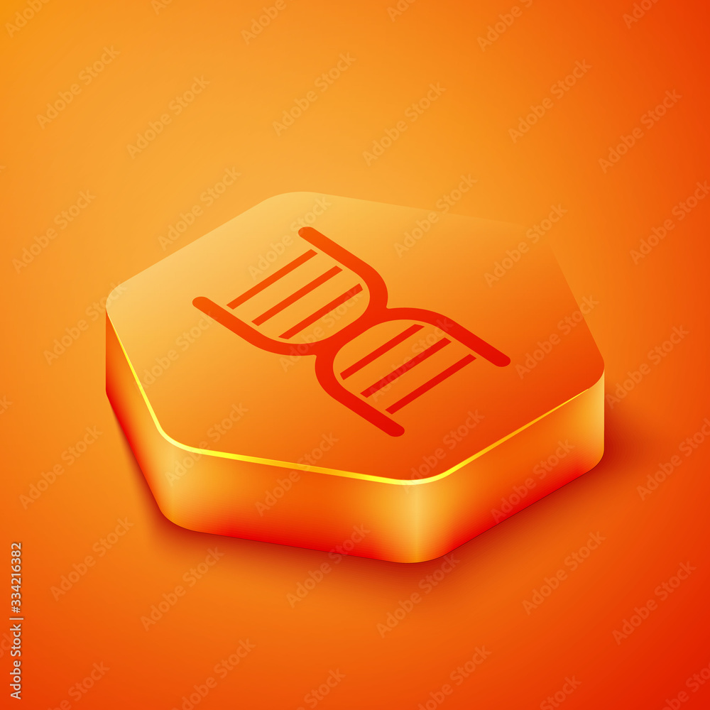 Isometric DNA symbol icon isolated on orange background. Orange hexagon button. Vector Illustration