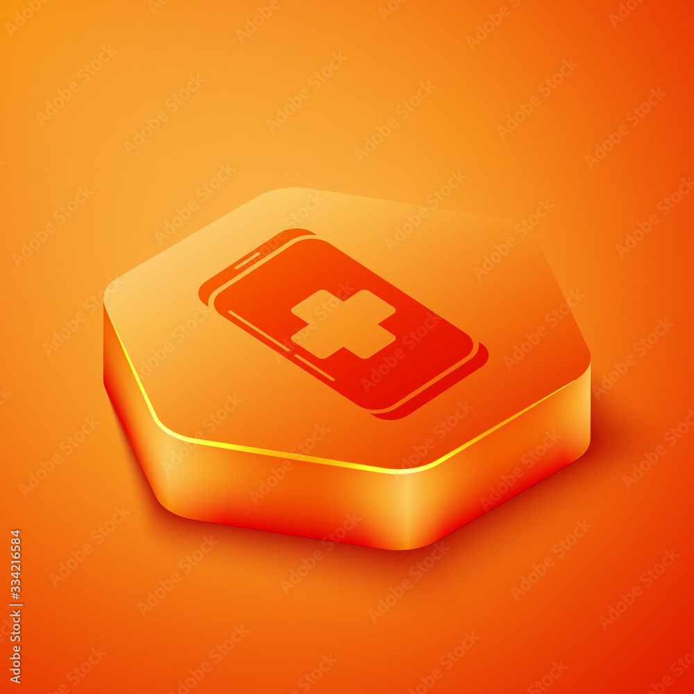 Isometric Emergency mobile phone call to hospital icon isolated on orange background. Orange hexagon