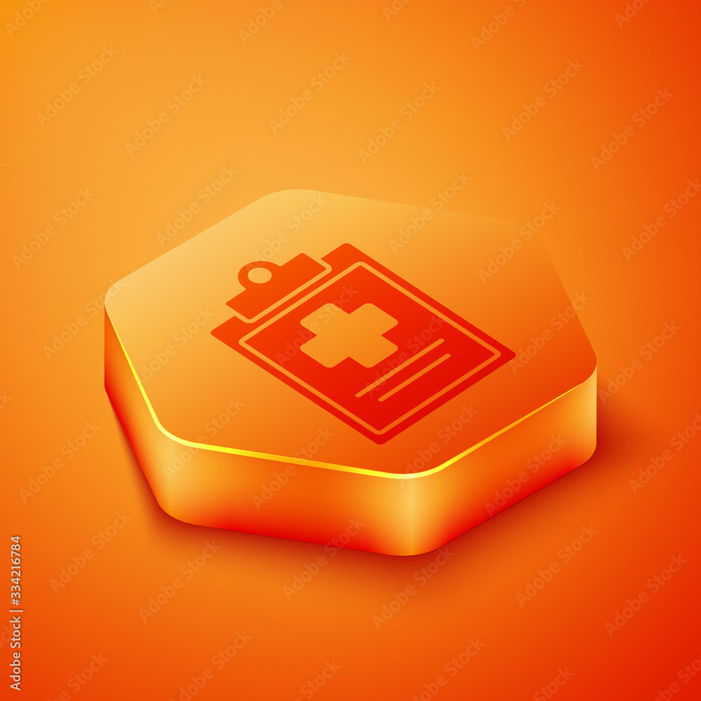 Isometric Medical clipboard with clinical record icon isolated on orange background. Health insuranc