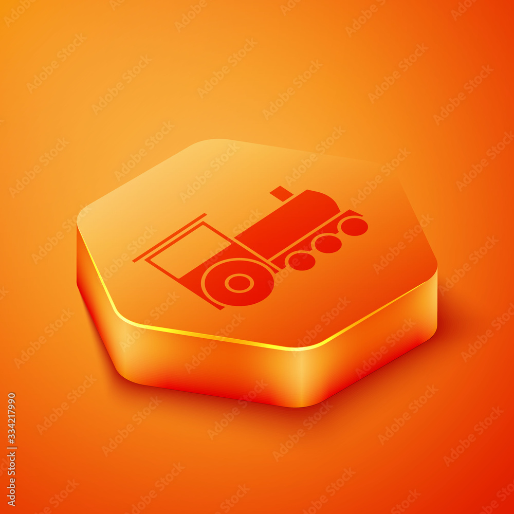 Isometric Retro train icon isolated on orange background. Public transportation symbol. Orange hexag