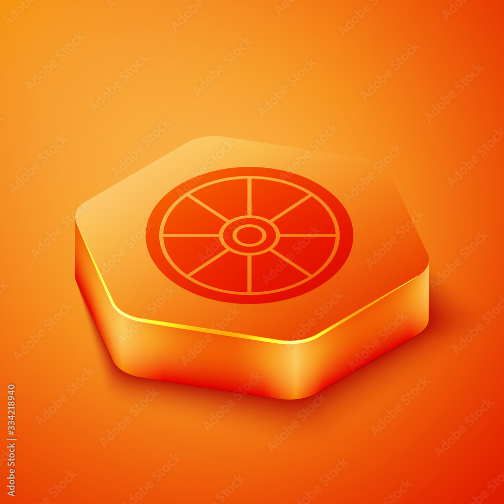 Isometric Old wooden wheel icon isolated on orange background. Orange hexagon button. Vector Illustr