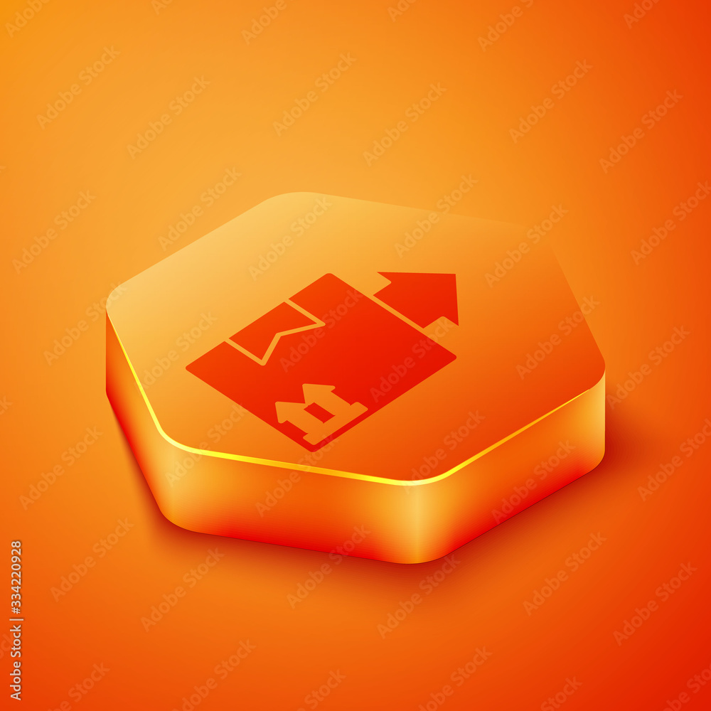 Isometric Cardboard box with traffic symbol icon isolated on orange background. Box, package, parcel