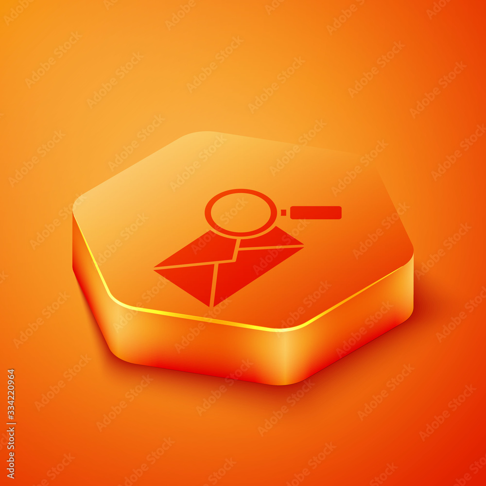 Isometric Envelope mail with magnifying glass icon isolated on orange background. Orange hexagon but