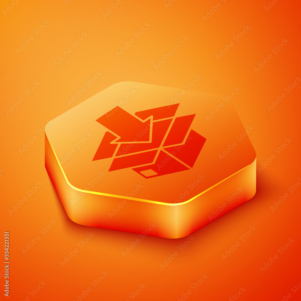 Isometric Cardboard box with traffic symbol icon isolated on orange background. Box, package, parcel