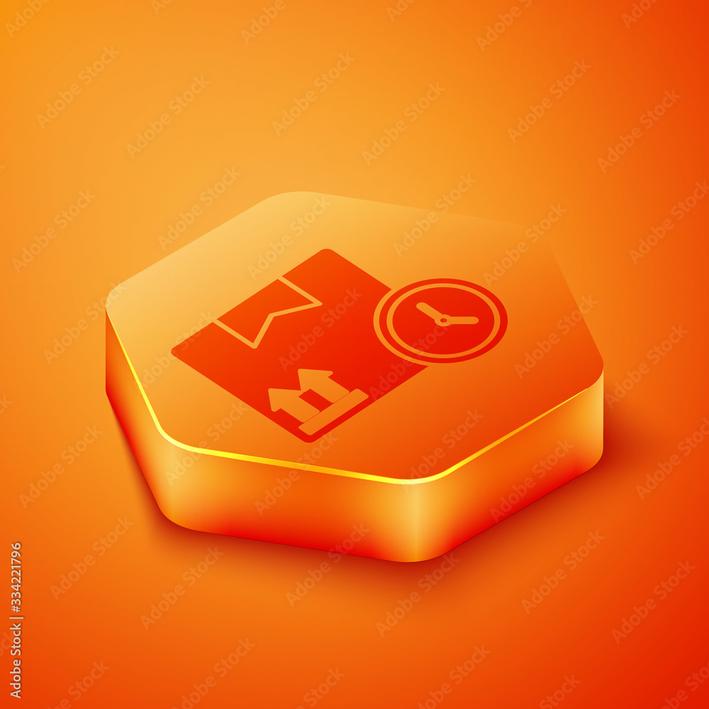 Isometric Carton cardboard box and fast time delivery icon isolated on orange background. Box, packa